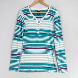 Rue 21 Top Womens XL Teal Stripe Y2K Henley Long Sleeve Lace Trim Slim Fit